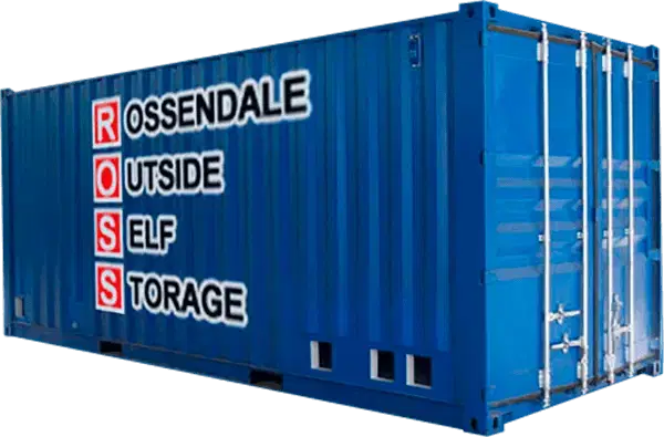 Blue container labelled Rossendale Outside Self Storage.