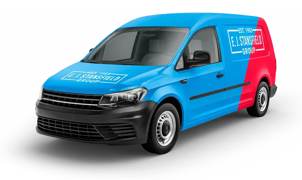 Blue and red EJ Stansfield branded van.